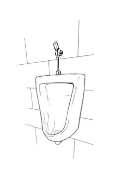 Men's restroom urinal. Illustration of a men's restroom urinal, black line drawing.