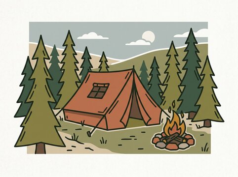 Camping Tent And Campfire In Pine Forest Landscape Illustration