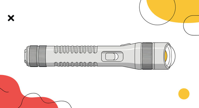 Handheld tactical flashlight illustration with textured grip and toggle switch on a modern abstract background with geometric shapes.
