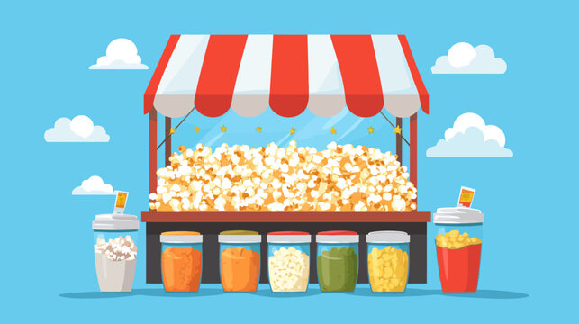 A cartoon popcorn stand with various flavors in jars and cups, with clouds and a sky