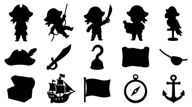 Pirate Adventure Elements  Characters Silhouette Icons Set - Treasure Hunt Vector Glyphs