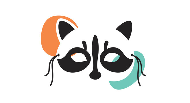 Stylized raccoon masquerade mask illustration in black and white with colorful abstract circle backgrounds for parties and festivals.