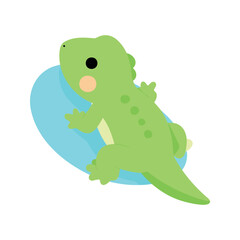Fototapeta premium Cartoon illustration features a stylized green lizard holding onto a light blue balloon, looking upwards with a small smile and simple features.
