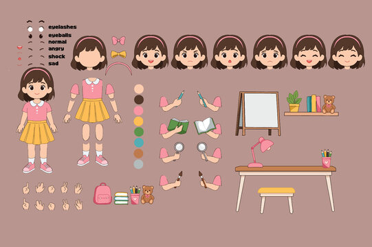 Cute Little Girl Character Creator Kit with Editable Poses and Expressions Flat Vector Illustration