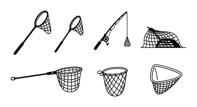 Fishing nets and butterfly nets black vector illustration on white background