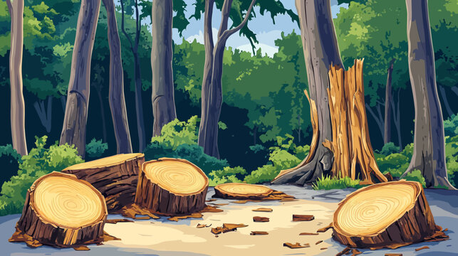 Pixelated artwork of a forest scene, featuring cut tree trunks in the foreground and tall trees