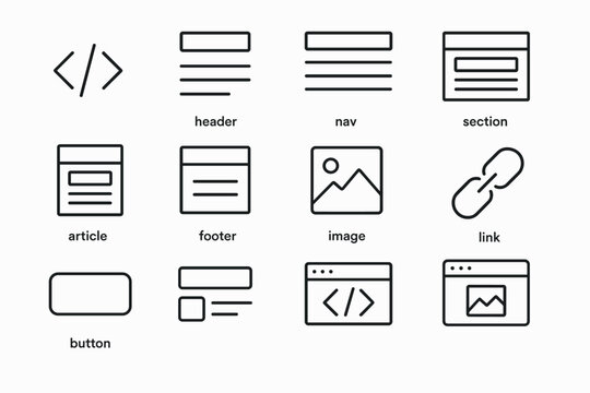 HTML Structure Icon Set. HTML structure coding. Line outline icon set of HTML structure coding: html tags,