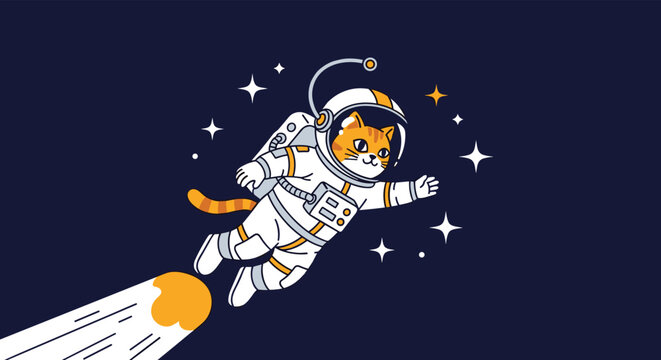 Cute ginger cat wearing a white astronaut spacesuit floating in dark blue outer space surrounded by twinkling stars and a comet.