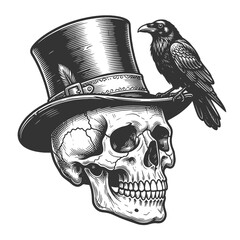 Obraz premium skull in a worn top hat with a raven perched on the brim, creating a gothic mood sketch engraving generative ai fictional character vector illustration. Scratch board imitation. Black and white image.
