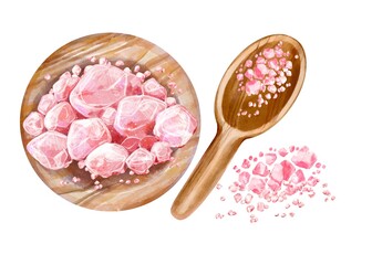 Naklejka premium Watercolor illustration of rustic round wooden bowl with coarse Himalayan pink salt wooden spoon with fine salt and scattered salt grains isolated on white background for culinary design