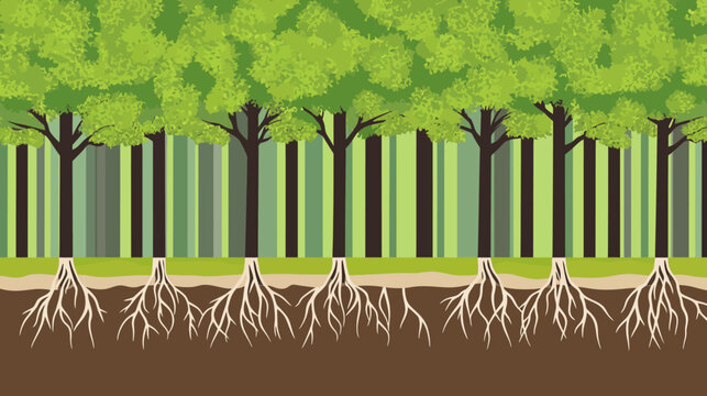 A stylized illustration featuring trees with visible roots. The image depicts a forest ecosystem