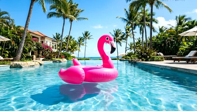 Large pink flamingo pool float drifting in luxury resort swimming pool on a sunny day.