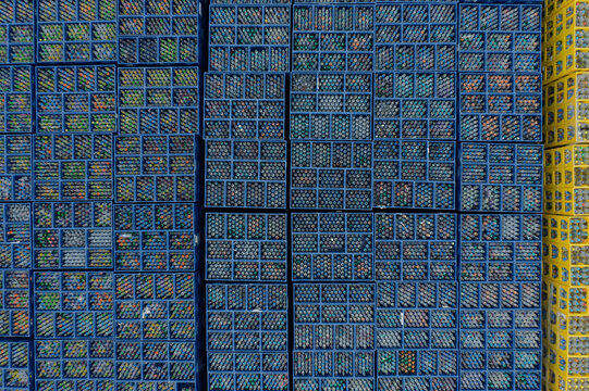 Aerial view of rows of stacked blue and yellow plastic crates containing glass bottles in an industrial storage area.