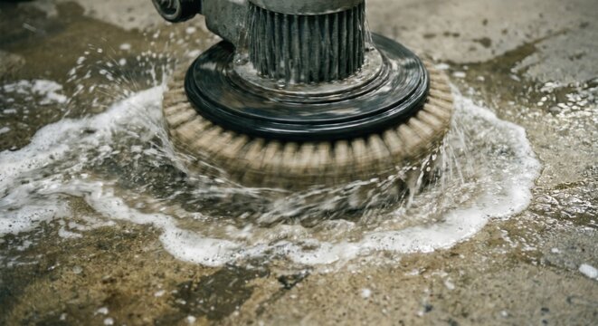 Heavy duty floor scrubber brush spinning in soapy water