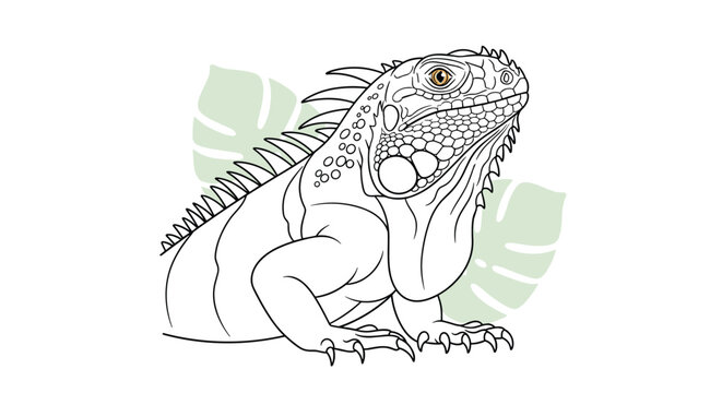 Detailed line art drawing of an iguana reptile with large green tropical leaves in the background for coloring in.