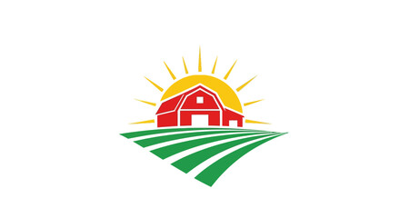 Stylized farm barn icon with rising sun over agricultural fields. © Siti Yaeni