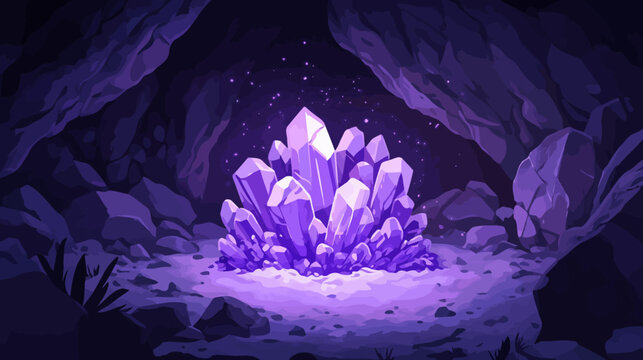 A mystical scene featuring a large cluster of glowing purple crystals in a dark cave