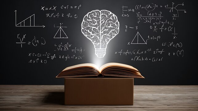 An open book emits a glowing light bulb shaped like a human brain, set against a blackboard filled with complex mathematical equations and diagrams