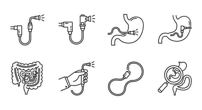 Endoscopy icons set medical instruments line style on white background