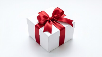 Obraz premium elegant white gift box with red satin ribbon on white background