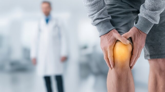 Man holding his right knee with a visible yellow glow indicating pain, with a blurred doctor in a lab coat in the
