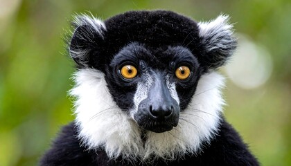 Fototapeta premium Close-up of a black and white primate with bright orange eyes and a curious expression, set against blurred greenery