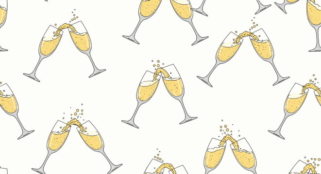 Festive seamless pattern of champagne glasses clinking together with golden bubbles and splashes of liquid now.