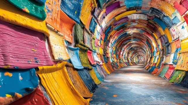 Colorful Canvas Tunnel with Layered Paint Inside a Vibrant Structure