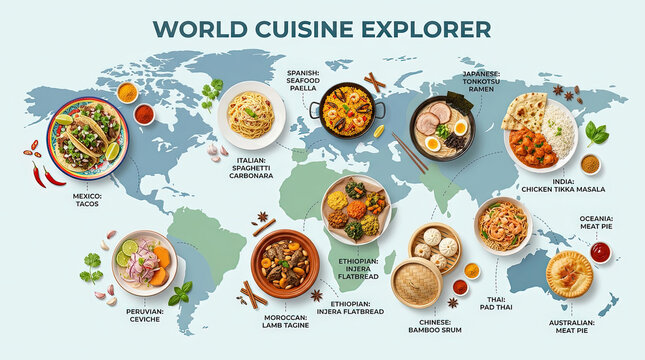 World cuisine map food infographic global dish traditional recipe international illustrated world map with diverse meals like taco paella ramen pad thai tikka masala ceviche tagine cheerful