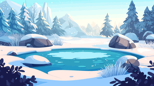 A stylized winter landscape with snowy fir trees, frozen pond, rocks, and falling snow