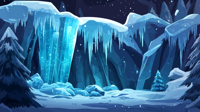 A stylized illustration depicting an icy landscape with a glowing ice cave, starry sky, and pine trees