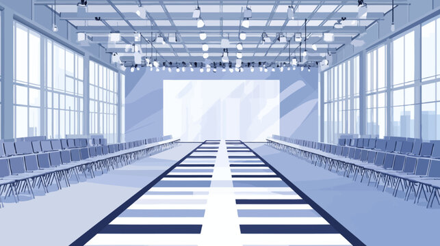 Illustration of a fashion show venue with rows of seats, runway and large windows