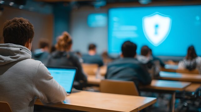 Students in a classroom setting with a laptop and a large screen displaying a spy agency with a keyhole, suggesting cybersecurity or data protection education