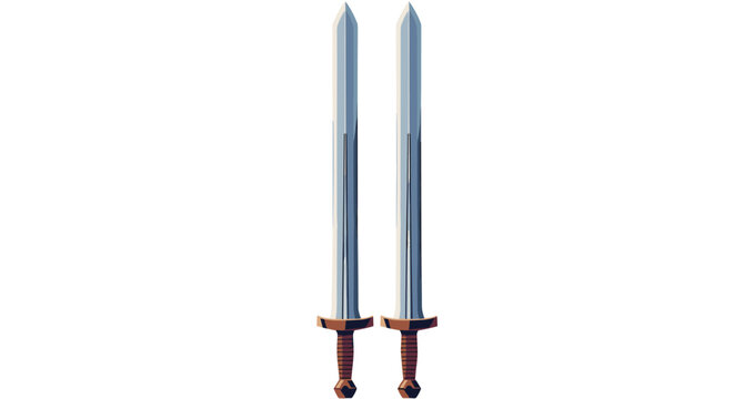 Pair of medieval long swords with silver blades and brown hilts standing vertically side by side in a minimalist style.