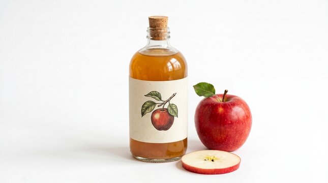 Glass bottle of apple cider vinegar with fresh red apples