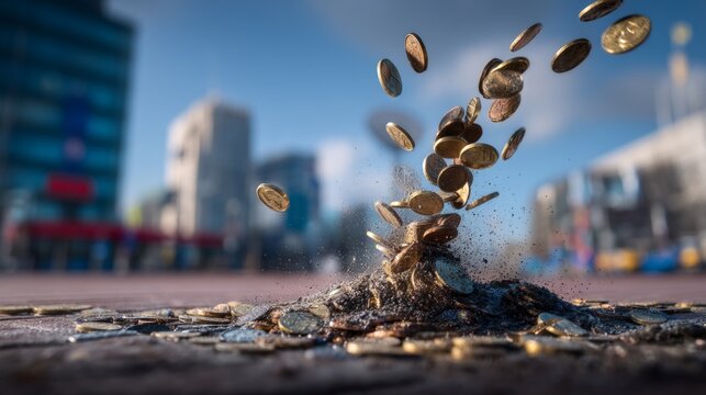 Erupting Fountain of Coins Emerging From the Ground in Urban Setting