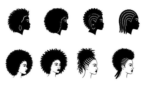  African American hairstyle silhouette set featuring diverse afro, braids, mohawk, and dreadlock profile portraits in black, perfect for beauty, culture, and salon design projects