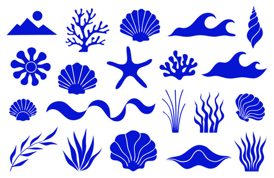 A collection of blue stylized marine life and nautical on a white background, including seashells, seaweed, and ocean waves