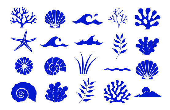 A collection of blue stylized marine life and nautical including coral, shells, and seaweed nautical stylized