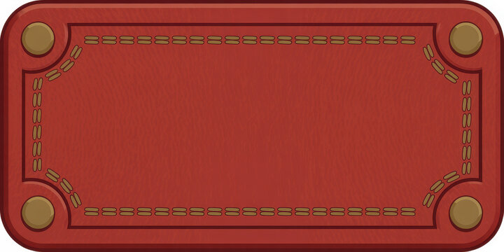 Rectangular red leather label with stitched border and brass rivets on a white background