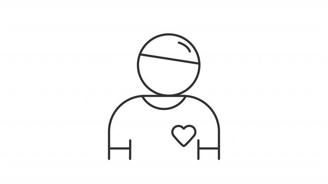 Animated volunteer line icon. Person wearing hat and t shirt with heart animation. Participant of non profit organization. Outline element on white background. HD video with alpha channel