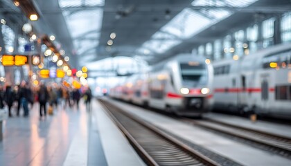 Obraz premium Blurred view of a busy train station platform with passengers and modern trains, illuminated by station lights and digital displays