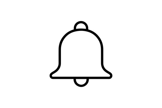 Simple black outline bell icon symbol representing notification alert or alarm reminder with user interface web icon app icon line art black and white push notification social media