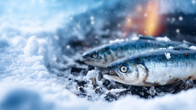 Fish Cooking in Ground Pit Oven with Snowy Background