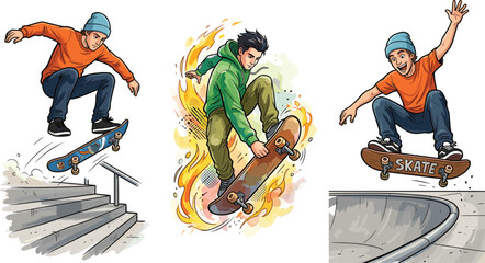 Skateboarders Performing Tricks with Skateboards in Action Poses, Jumping Stairs, and Grinds, Illustrated in Vibrant Colors for Skate Culture and Sports Designs © MD