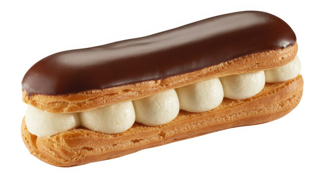 Single chocolate eclair pastry filled with vanilla cream isolated on a white background