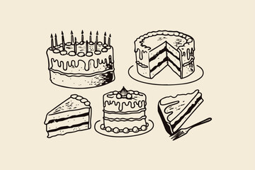 Hand-drawn outline illustration set of delicious cakes and cake slices birthday cake with candles tiered cake baked goods design element menu item cafe design restaurant gra © Foysal
