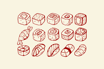 Vintage hand-drawn sketch collection of various traditional japanese sushi and sashimi nigiri maki rolls ebi shrimp on an isolated light background with white background japanese oriental © Foysal