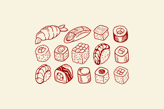 Hand-drawn sketch of assorted sushi and sashimi pieces maki rolls nigiri shrimp in a vintage engraved style on a light background with white background japanese restaurant chopstick