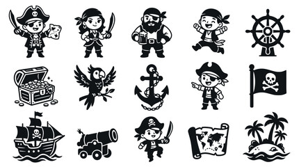 Obraz premium Pirate Adventure Black White Glyph Cartoon Icons Set. Kid Pirates Treasure Elements